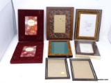 (LEFT WALL) FRAME LOT; LOT OF 8 PICTURE FRAMES- 2 VELVET, 2 INLAID, BEADED, ETC. SMALLEST- 5 IN X 7