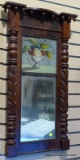 (LEFT WALL) EMPIRE MIRROR; MAHOGANY 19TH CEN. EMPIRE MIRROR WITH REVERSE PAINTING STILL LIFE- SOME