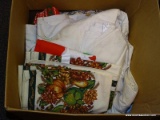 (LEFT WALL) BOX LOT OF LINENS; BOX LOT OF TABLECLOTHS OF VARIOUS SIZES