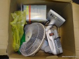 (LEFT WALL) BOX LOT; LOT INCLUDES ELECTRIC NECK MASSAGER, ELECTRIC TABLE FAN, CERAMIC TABLE HEATER,