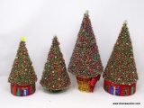 (LEFT WALL) CHRISTMAS TREES; 4 BEADED CHRISTMAS TREES- LARGEST- 14 IN H. AND SMALLEST- 9 IN H.