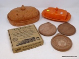 (LEFT WALL) KITCHENWARE LOT; TERRACOTTA SERVING DISH- 10 IN. L., CERAMIC BUTTER DISH- 9 IN. L.,