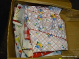 (LEFT WALL) VINTAGE TABLE LINENS; LARGE BOX LOT OF VINTAGE 1940'S-1950'S TAB; CLOTHS