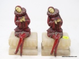 (R1) DECO BOOKENDS; PR. OF ART DECO ALABASTER AND METAL FIGURAL CLOWN BOOKENDS- 7 IN. H.