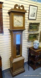 (LEFT WALL) ANTIQUE GRANDFATHER CLOCK; ANTIQUE ITHACA OAK CASED GRANDFATHER CLOCK (CIRCA EARLY