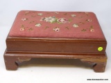 (R1) FOOT STOOL; WALNUT NEEDLEPOINT FOOTSTOOL WITH BRACKET FEET- 16 IN X 11 IN X 7.5 IN