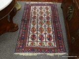 (R1) ORIENTAL RUG; HAND WOVEN HAMADAN SEMI ANTIQUE ORIENTAL RUG IN RED, BLUE AND BROWN GEOMETRIC