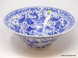 (R1) ORIENTAL BOWL; BLUE AND WHITE FISH DESIGN PUNCH BOWL- 16 IN DIA. X 6.5 IN H