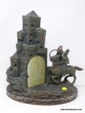 (R1) ART DECO LAMP; ANTIQUE ART DECO LAMP OF KNIGHT AND CASTLE RESTING ON FAUX MARBLE BASE WITH SLAG