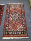 (R1) ORIENTAL RUG; HAND WOVEN HAMADAN RUG IN RED BLUE AND IVORY- 29 IN X 59 IN