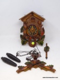 (R2) CUCKOO CLOCK; GERMAN BLACK FOREST CUCKOO CLOCK- DEER MISSING ANTLERS, HAVE WEIGHTS- 8 IN X 6 IN