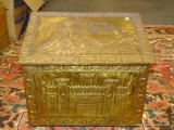 (R2) BRASS WOOD BOX; VINTAGE BRASS EMBOSSED CASTLE THEMED KINDLING OR WOOD BOX- 20 IN X 15 IN X 18