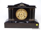 (R2) ANTIQUE MANTEL CLOCK; ANTIQUE ANSONIA METAL AND BRASS ARCHITECTURAL CLOCK, PAPER DIAL, BRASS