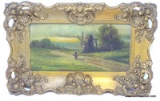 (LEFT WALL) ONE OF A PR. OF FRAMED ANTIQUE OIL ON CANVAS; ONE OF A PR. OF FRAMED AND SIGNED ANTIQUE