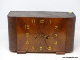 (R2) ANTIQUE MANTEL CLOCK; ANTIQUE DECO OAK AND BURL WALNUT MANTEL CLOCK, HAS PENDULUM, NO KEY- 13