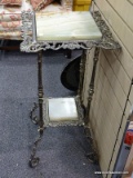 (R2) BRASS PLANT STAND; ANTIQUE BRASS AND ALABASTER PLANT STAND WITH CHERUB MOTIF- 15 INX 15 IN X 31