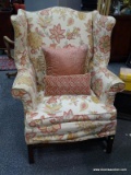 (R2) WING CHAIR; MAHOGANY CHIPPENDALE WING CHAIR WITH FLORAL SLIPCOVER ( HAS ORIGINAL ORANGE BROCADE