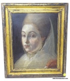 (LEFT WALL) ANTIQUE OIL ON CANVAS; FRAMED ANTIQUE OIL PORTRAIT ON CANVAS OF WOMAN IN ANTIQUE GOLD