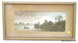 (LEFT WALL) FRAMED ANTIQUE PRINT; FRAMED AND MATTED ANTIQUE PRINT OF RIVER SCENE IN GOLD FRAME