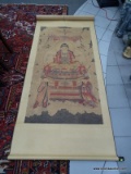 (LEFT WALL) ANTIQUE ORIENTAL WALL HANGING; ANTIQUE ORIENTAL WATERCOLOR WALL HANGING OF PRIESTESS ON