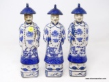 (LEFT WALL) ORIENTAL PORCELAIN STATUES; 3 BLUE AND WHITE PORCELAIN ORIENTAL STATUES WITH ASIAN