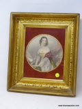 (LEFT WALL) FRAMED PRINT; FRAMED VICTORIAN PRINT OF WOMAN IN GOLD SHADOW BOX FRAME- 12 IN X 14 IN