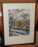 (LEFT WALL) COLORED ENGRAVING; ARTIST SIGNED WATERCOLOR ENGRAVING OF EUROPEAN CITY BY ? HOFMANN IN