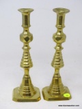 (LEFT WALL)PR. OF ANTIQUE CANDLEHOLDERS; PR. OF ANTIQUE BRASS BEEHIVE PUSH UP CANDLEHOLDERS- 10 IN H