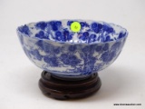 (LEFT WALL) ANTIQUE ORIENTAL BOWL ON STAND; ANTIQUE BLUE CANTON ORIENTAL BOWL ON ROSEWOOD STAND-