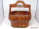 (LEFT WALL) ORIENTAL BUCKET; WOODEN ORIENTAL CARVED HANDLE BUCKET- 16 IN X 10 IN 18 IN