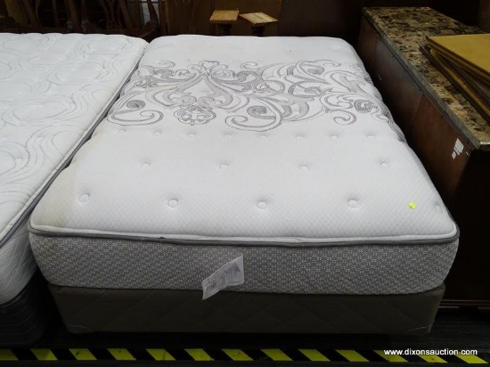 SEALY FULL SIZE MATTRESS WITH BOX SPRING AND METAL BED FRAME. MATTRESS HAS SOME WATER DAMAGE ON ONE