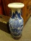 (R2) VINTAGE ORIENTAL VASE; VINTAGE BLUE AND WHITE VASE WITH VILLAGE SCENE ON ROSEWOOD BASE- 24 IN H