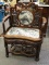 (R2) ORIENTAL CHAIR; ORIENTAL CARVED ROSEWOOD AND MARBLE CHAIR-INTRICATELY CARVED FLOWERS VASES AND