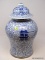 (R2) GINGER JAR; BLUE AND WHITE ORIENTAL GINGER JAR WITH LID- 17 IN H.