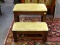 (R2) BED STEPS; CHERRY BED STEPS WITH GOLD VELVET UPHOLSTERY- 20 IN X 19 IN X 18 IN