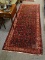 (R2) ORIENTAL RUNNER; HAND WOVEN PERSIAN ORIENTAL RUG IN RED, BLACK AND IVORY ( SHOWS WEAR IN 2