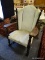 (R2) ANTIQUE CHAIR; ANTIQUE (LOOKS TO BE BIGGS) MAHOGANY CARVED PADDLE ARM CHAIR WITH PINEAPPLE AND