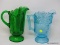 (R2) 2 VINTAGE PITCHERS; JADE GREEN DEPRESSION PITCHER- 10 IN H. AND AQUA BLUE PRESSED GLASS