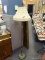 (R2) ANTIQUE FLOOR LAMP; ANTIQUE BRASS AND JADEITE FLOOR LAMP WITH CLOTH SHADE, ART DECO CASTING AND