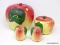 (RIGHT WALL) VINTAGE APPLE SET; VINTAGE 4 PC. UNMARKED APPLE PAINTED AND SHAPED POTTERY- COOKIE JAR-