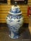 (RIGHT WALL) GINGER JAR; ONE OF A PAIR OF LARGE BLUE AND WHITE CHINESE EXPORT GINGER JAR WITH FOO