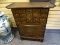 (RIGHT WALL) ORIENTAL CABINET; MAHOGANY ORIENTAL 20 DRAWER SPICE CABINET WITH CARVED SCRIPT ON