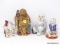 (RIGHT WALL) BUDDHA FIGURINES; 4 BUDDHA FIGURINES- 3 PORCELAIN- 4, 5 AND 6 IN H. AND A SATSUMA