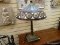 (RIGHT WALL) ANTIQUE LAMP; ANTIQUE COPPER AND MARBLE LAMP WITH ORIGINAL STAINED GLASS AND JEWELED