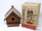(RIGHT WALL) BIRD HOUSE AND FEEDER; WOODEN HANGING BIRD HOUSE AND HUMMINGBIRD FEEDER IN ORIGINAL BOX