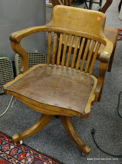 (R2) ANTIQUE CHAIR; ANTIQUE OAK OFFICE CHAIR ( NEEDS TO REPLACED ON BASE) -21 IN X 22 IN X 33 IN
