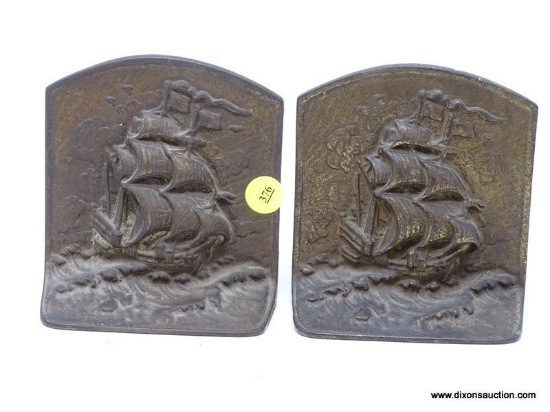 (R2) BOOKENDS; BRASS SHIP MOTIF BOOKENDS- 5 IN H