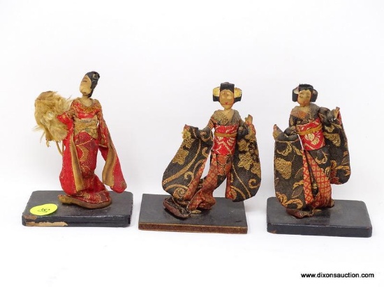 (R2) ORIENTAL FIGURES; 3 HANDMADE SILK GEISHA GIRLS ON WOODEN STANDS- 4 IN H