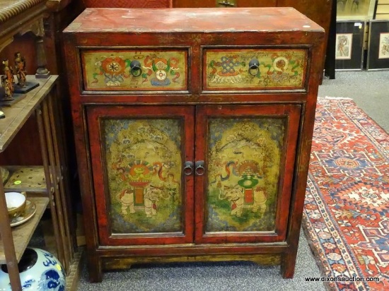 (R2) ORIENTAL CABINET; DISTRESSED PAINTED ORIENTAL CABINET WITH 2 PAINTED DRAWERS WITH ONE LARGE