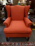 (R2) WING CHAIR; MAHOGANY CHIPPENDALE WING CHAIR IN RED MOSAIC PATTERN UPHOLSTERY- EXCELLENT